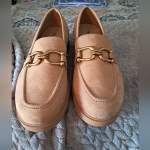 Torrid Suede Beige Loafers with Gold Detailing, New 8.5 Wide